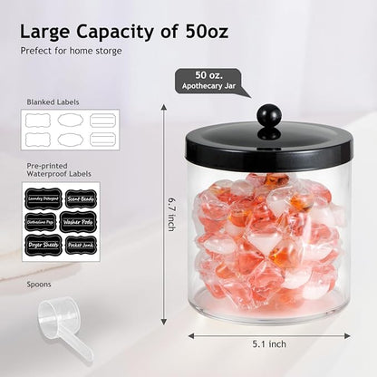 4 Pack 50Oz Large Plastic Apothecary Jar with Black Stainless Steel Lid - Shatterproof Laundry Pods Container - Modern Industrial Bathroom & Kitchen Storage Organizer for Scent Beads, Bath Bombs