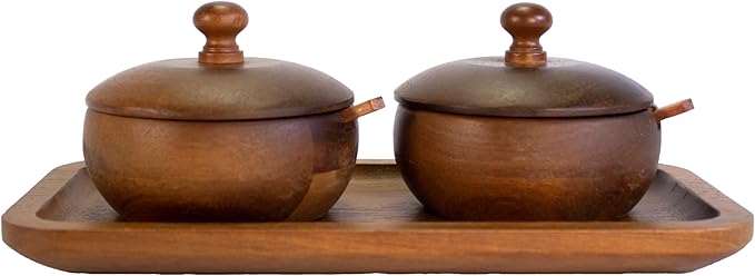 Berghoff Acacia Wood 7Pc Spice Jar Set, Display Tray 10" x 5.12" x 93.5", Elegant Design, Durable, Resusable, Pre-seasoned With Vegetable Oil, Brown