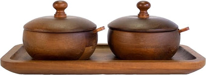 Berghoff Acacia Wood 7Pc Spice Jar Set, Display Tray 10" x 5.12" x 93.5", Elegant Design, Durable, Resusable, Pre-seasoned With Vegetable Oil, Brown