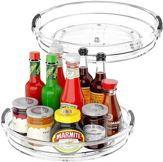 Clear Lazy Susan Organizer Turntable for Cabinet Table Top, 10.6 Inch 2 Pack 360 Rotating Spinning Makeup Organizer for Vanity, Kitchen Storage Rack Heavy-Duty Pantry Spices Tray Countertop Organizer
