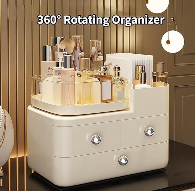 Cosmetic Organizer with 3 Drawers, Makeup Storage Display Case, White Vanity Beauty Container, Chrome Knobs