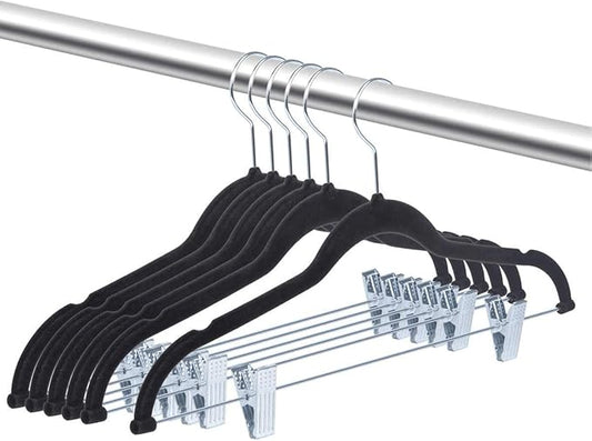 OIKA Black Velvet Hangers with Clips–16.7-Inch Space-Saving Pants Hangers for Skirts, Dresses, Non-Slip Closet Organizers (20 Pack)
