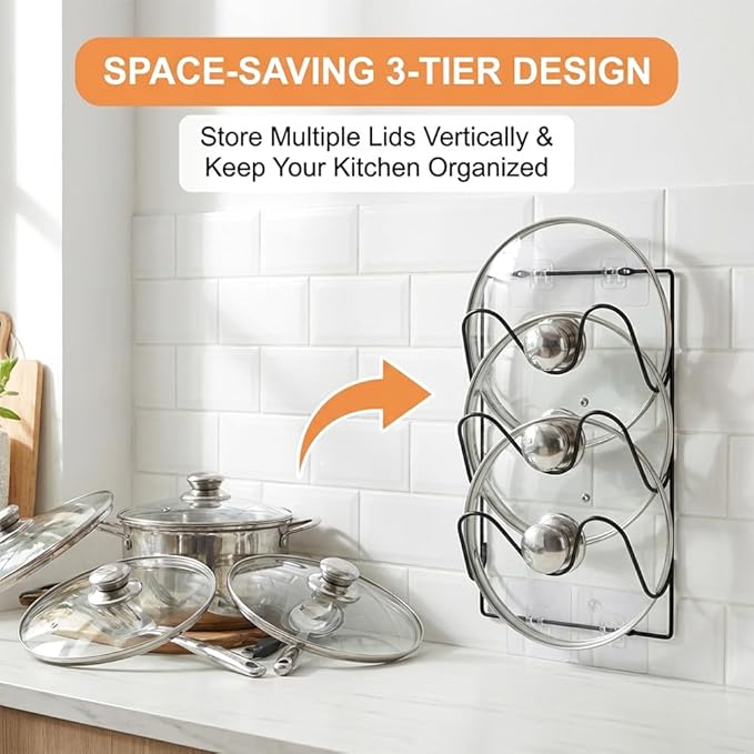2 Pack Pot Lid Organizer Rack for Cabinet Door or Wall, 6-Tier Pot Lid Holders, No Drilling Pan Cover Holder with 6 Adhesive Clips, Rustproof Kitchen Kit Storage Rack