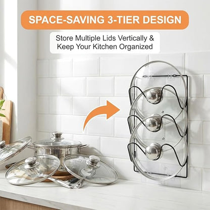 2 Pack Pot Lid Organizer Rack for Cabinet Door or Wall, 6-Tier Pot Lid Holders, No Drilling Pan Cover Holder with 6 Adhesive Clips, Rustproof Kitchen Kit Storage Rack