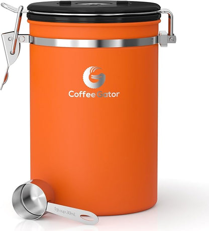 Coffee Gator Coffee Canister, Airtight Stainless Steel Kitchen Food Storage Container with Date Tracker, Scoop for Sugar, Grounds Coffee, Beans,Tea, Sugar, Cereal, Flour, Cookies Jars (Orange, 22oz)