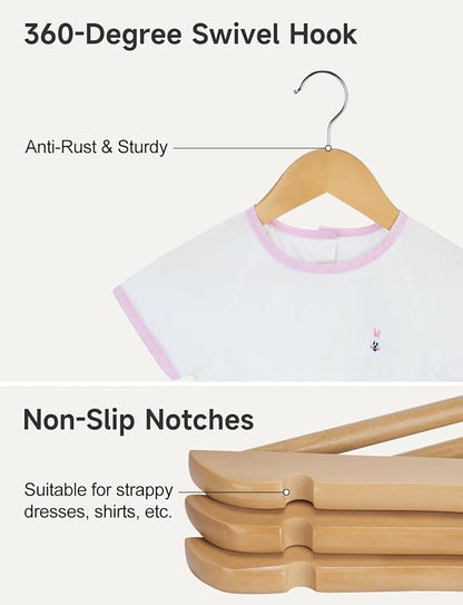 StorageWorks Baby Hangers 20 Pack, Maple Wood Clothes Organizer for Toddler, Kids Wooden Hanger with Pant Bar for Closet, Natural Maple Wood Color