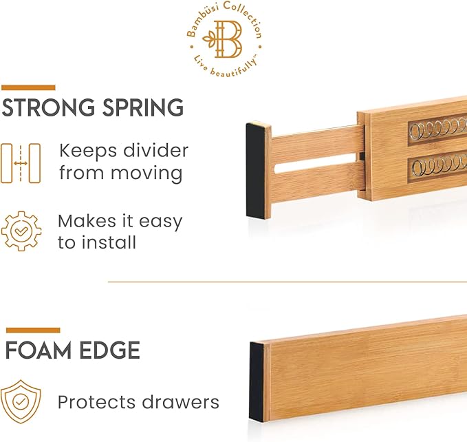 4-Pack Bamboo Drawer Dividers - 2.6 Inches High, Adjustable 12 to 17 Inches Expandable Drawer Organizer Dresser Separator for Clothes, Utensils, Bedroom, Bathroom, Kitchen, Office Storage Organization
