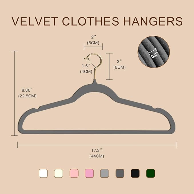 36 Packs Velvet Clothes Hangers, 17.3 Inches Non-Slip Skirt Hangers, Sturdy Dresses Hangers with Shoulder Notches, Space Saving Clothing Hangers for Adults, Gray with Gold Hook