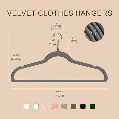 36 Packs Velvet Clothes Hangers, 17.3 Inches Non-Slip Skirt Hangers, Sturdy Dresses Hangers with Shoulder Notches, Space Saving Clothing Hangers for Adults, Gray with Gold Hook