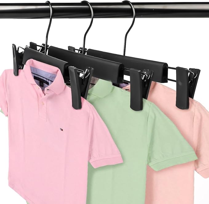 Pants Hangers,Black Clothes Plastic Pant Hangers with 2-Adjustable Anti-Rust Clips Skirt Hangers and 360 Rotatable Hook Trousers Jean Hangers 10 Pack