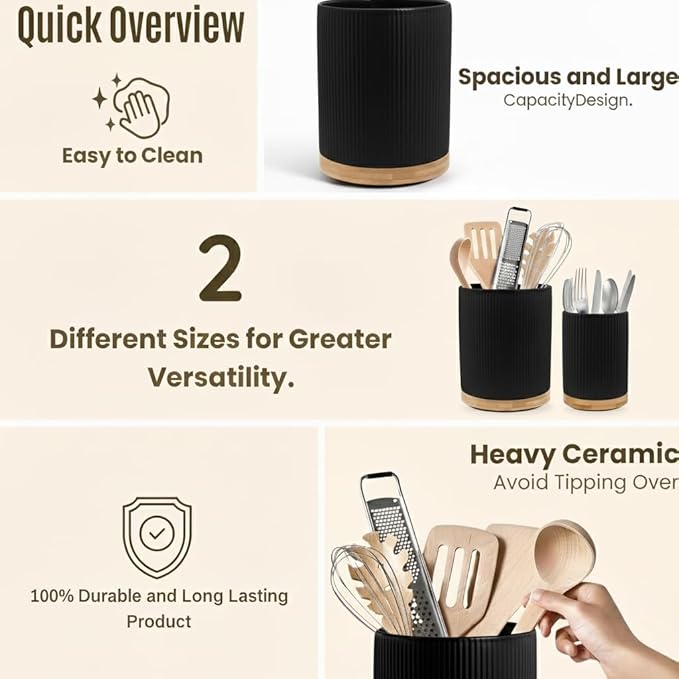 2 Pack Ceramic Utensil Holder, 7.3"+5.4" Large kitchen utensils holder for Countertop, 360° Rotating Cooking Utensil Crock for Kitchen Counter with Detachable Wooden Base, Kitchen Decor- Black