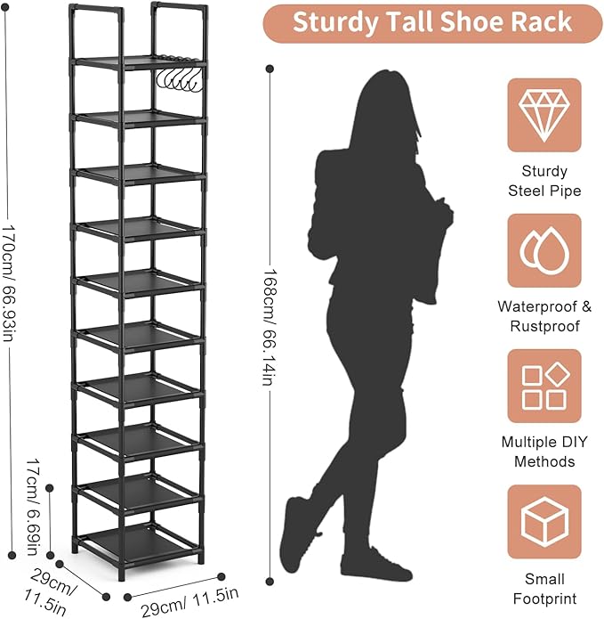 LANTEFUL Tall Narrow Shoe Rack for Entryway, 10-Tier Sturdy Metal Shoe Shelf Storage 10-15 Pairs of Shoes and Boots, Space Saving Corner Shoe Rack Organizer for Closet,Doorway,Garage,Living Room