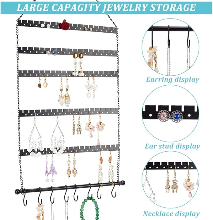 NBEADS Wall Hanging Jewelry Organizer, Earring Necklace Holder with Hanging Hooks for Earrings, Necklaces, Bracelets