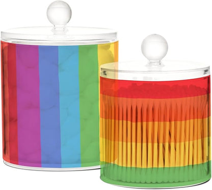2 Pack Qtip Dispenser Apothecary Jars with Lids Cotton Round Holder Bathroom Canisters for Cotton Swab Floss Ball Pads Clear Plastic Decorative Vibrant Colorful Stripes