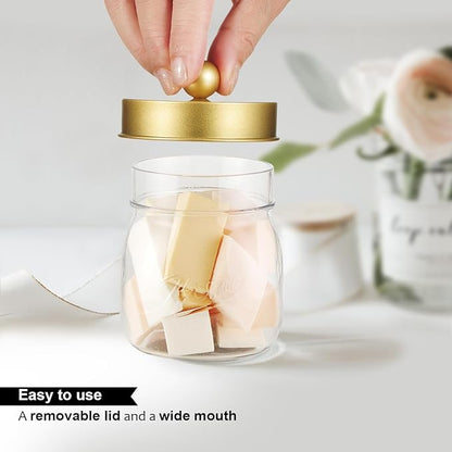 Farmhouse Decor Apothecary Jar Set, Mason Jar Bathroom Vanity Storage Organizer Canister-Qtip Holder Plastic Acrylic Jar for Cotton Swabs, Cotton Pad, Floss Pick, Paper Clips, Hair Clip (2 Pack, Gold)
