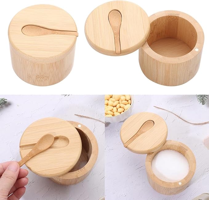 Bamboo Big Dipper Large Salt Cellar with Spoon and Magnetic Swivel Lid, 10 Ounce Storage Box