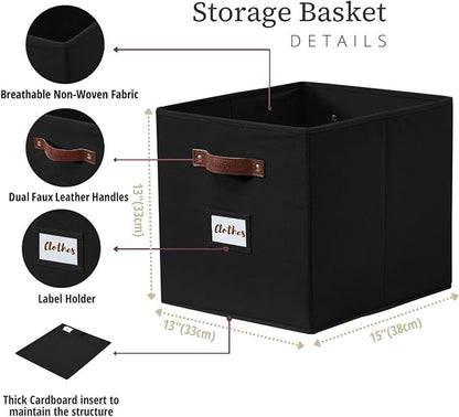DECOMOMO Storage Baskets, 13x15x13 Storage Cube Bins with Labels for Organizing Shelves Kallax (Kallax / 4pcs, Black)