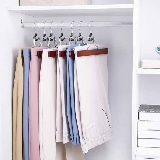 Nature Smile Wooden Non-Slip Pants Skirt Hangers - Smooth Finish Solid Wood Jeans Slack Clamp for Hair Extensions (20 Pack Cherry)