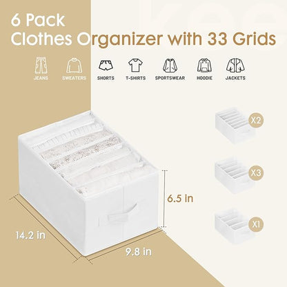 Criusia 6 Pack Large Clothes Organizer, Wardrobe Closet Organizer and Storage with Handles, Foldable Fabric Closet Organizers Dividers for Clothing, Pants, Jeans, Sweater, T-shirts, White