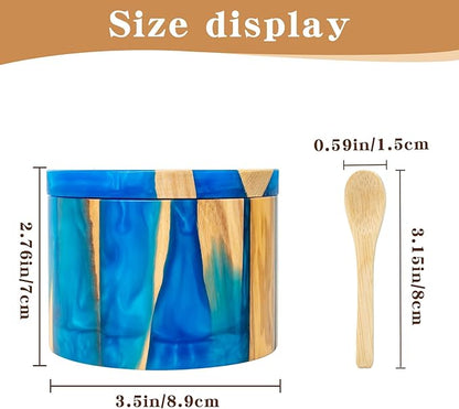 Handcrafted Salt Box Resin Wooden Container Swivel Lid with Magnetic to Easily Open Seal Salt Cellar Free Spoon for Storing Salt Pepper Sugar Herbs Small Spice Box Storage Kitchen Accessory