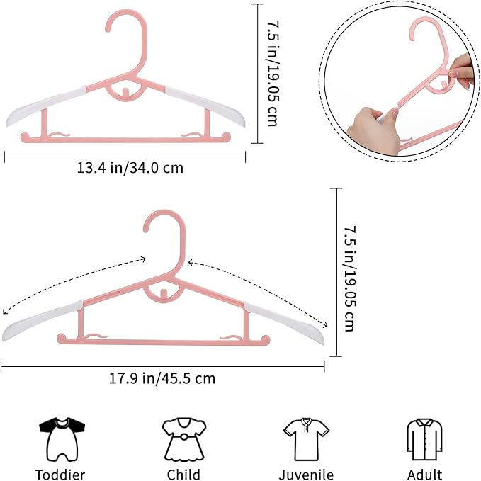 60Packs Adjustable Kids Hangers Baby Hangers 11”-14” Children Coat Plastic Hanger for Girl Boy Toddler Kids Child Space Saving(Pink)
