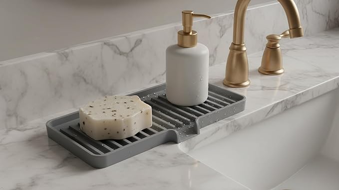 Silicone Soap Dish Tray and Sponge Holder with Drain Chute, Rectangular, Kitchen and Bathroom Sink Organizer (Smoky Blue, 9"x3.5")