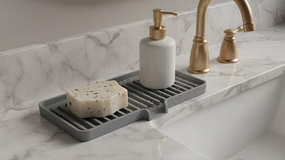 Silicone Soap Dish Tray and Sponge Holder with Drain Chute, Rectangular, Kitchen and Bathroom Sink Organizer (Smoky Blue, 9"x3.5")