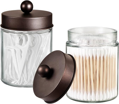Apothecary Jar Canisters Bathroom Vanity Organizer - Qtip Holder Storage Organizer Countertop -Stainless Steel Lids &Cute Stickers for Qtips,Cotton Swabs,Makeup Sponges,Floss(3 Pack) (Bronze)