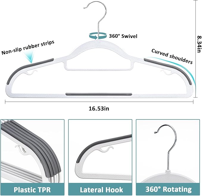 Tonswachic Pack of 30 Clothes Hangers, Space Saving Plastic Hangers, Non-Slip, 0.2 Inches Slim, 360° Swivel Silver Hook for Shirts, Pants & Wet/Dry Garments, White and Dark Gray