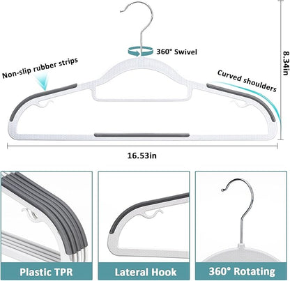 Tonswachic 50-Pack Coat Hangers, Space Saving Plastic Clothes Hangers, Non-Slip, 0.2 Inches Slim, 16.53 Inches Wide, 360° Swivel Silver Hook for Shirts, Pants & Wet/Dry Garments, White and Dark Gray