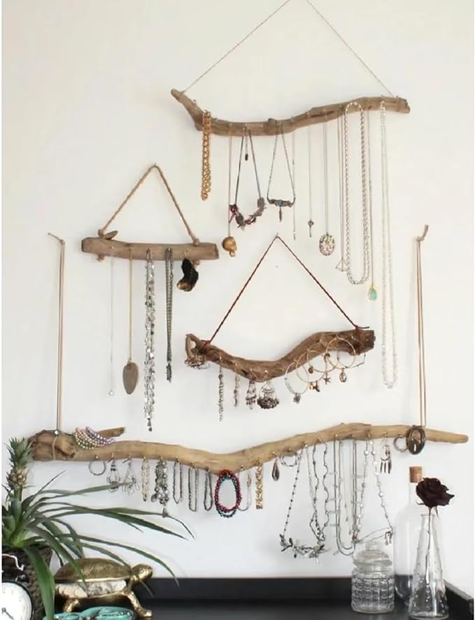 Qenk 2Pcs 15 Inch Natural Driftwood Decorative Branches Farmhouse Home Wall Hanging Decor Hanging Jewelry Organizers with 5 Hooks