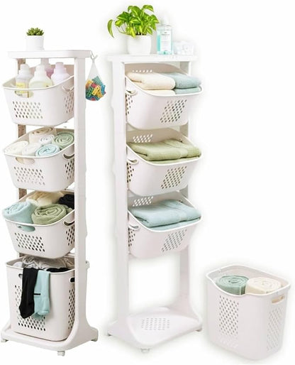Japard 108 Liters Vertical Rolling Laundry Compact Hamper Ultra Slim, 4 Sorter Cart with Wheels and Breaks, 4-tier Baskets Detachable for Small Space, Dorm, Closet, Bathroom, Easy Assembly White Gray
