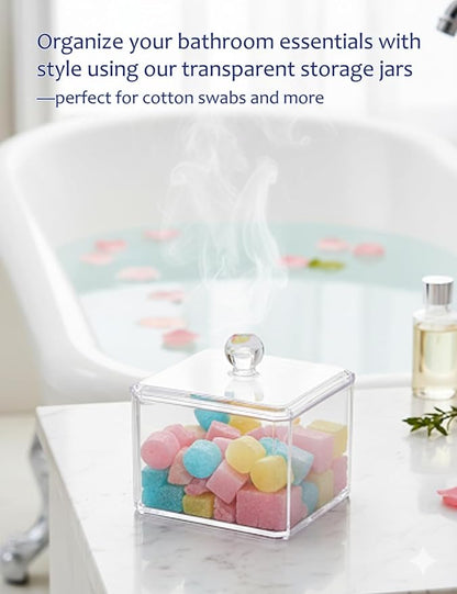 Cotton Swab Holder with Clear Plastic Lid, Single Layer Cotton Bud Dispenser, Premium Plastic Organizer for Guest Bathroom Vanity, Floss Pick & Hair Tie Storage Container