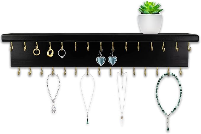 SANY DAYO HOME Black Necklace Holder Jewelry Organizer with 30 Hooks, 15 x 3 x 4 inches Wall Mount Rustic Pine Wood Shelf for Necklace, Hair Bow Storage