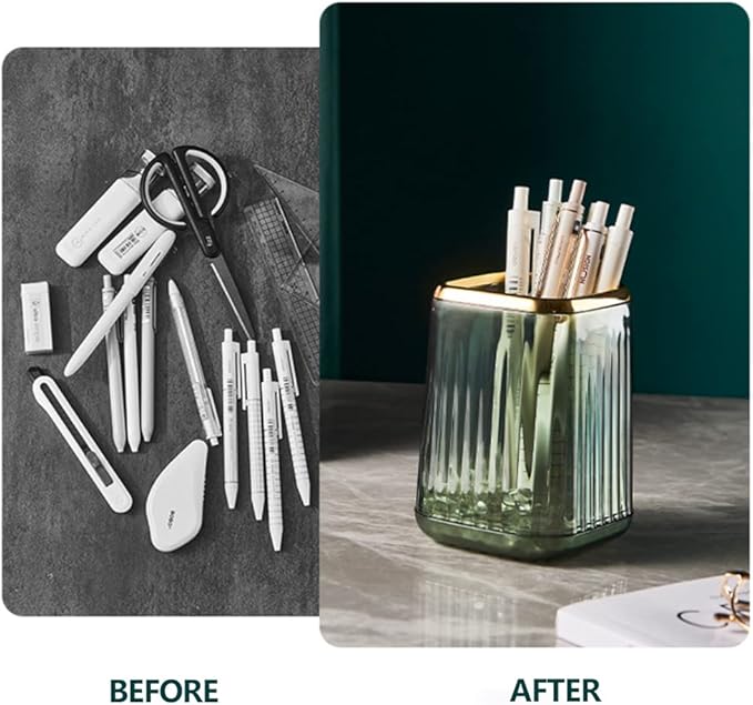 Makeup Brush Cup Holder Organizer for Vanity, Acrylic Vintage Green Make Up Brushes Holders Container Storage with Striped Design for Bathroom Countertop, Cute Pen Pencil Holder Cosmetic Cup for Desk