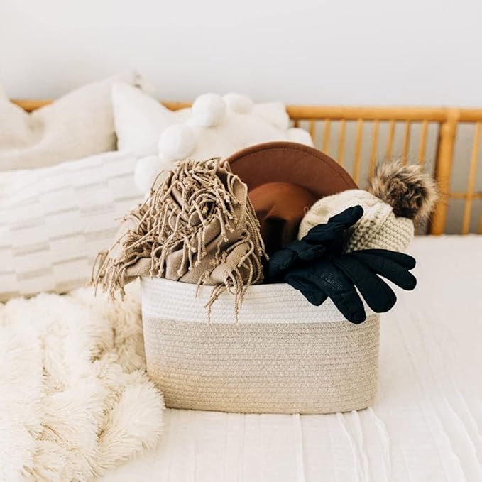 Light Honey Cotton Rope Basket for Shelf Storage - 15"×10"×9½" - Woven Decorative Basket for Organizing - Closet, Nursery, Bedroom - Toys, Books, Towels, Clothes