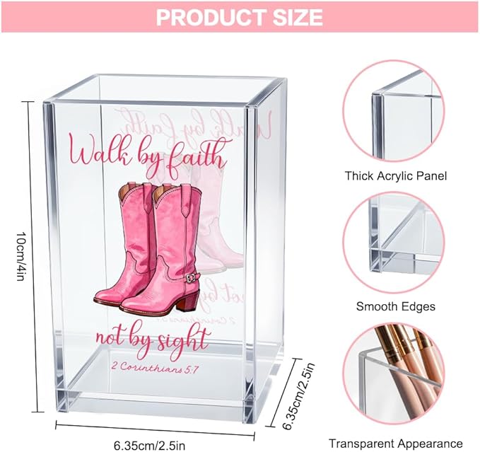 Walk by Faith Not by Sight 2 Corinthians 5:7 Acrylic Cosmetic Pencil Pen Holder Cup, Western Cowgirl Desk Organizer for Home Office Decor, Pink Christian Faith Gifts for Women Girls Coworkers