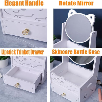 Assemble Makeup Organizer 7 1/2 Inch with Cosmetic Rotating Mirror & Drawer, Compact Vanity Bins Storage, Girl's Dressing Table Essential Skincare Display Case,Countertop Ideal Gift Chioce