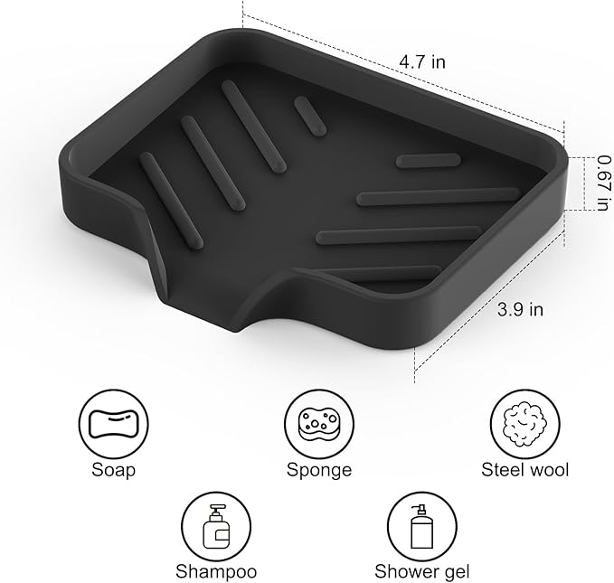 2 Pack Silicone Soap Dish, Self Draining Soap Dish, Non Slip Bar Soap and Sponge Holder for Bathroom Kitchen Sink Counter Organizer Easy to Clean Soap Tray Waterfall Soap Saver (Black&Beige)