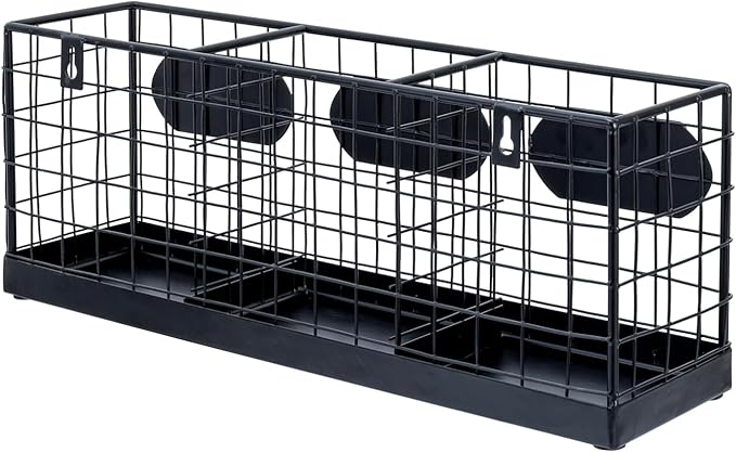 MyGift Wall Mountable Black Metal Utensil Holder Organizer, 15.7" Countertop Kitchen Silverware Flatware Caddy Holder Storage Basket with 3 Compartments and Chalkboard Labels