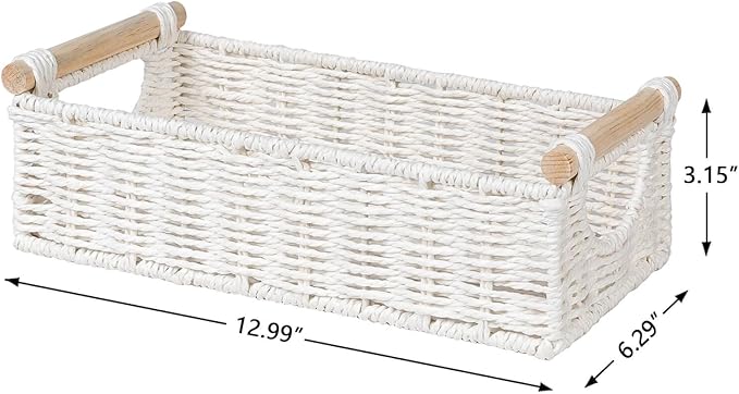 CubesLand Small Wicker Toilet Basket Tray Organizer W/Cut Out Handle, Handwoven Slim Decorative Basket for Countertop, Shelves And for Rustic Home Decor, Living Room, Nursery Organization, Cream