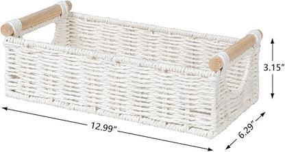 CubesLand Small Wicker Toilet Basket Tray Organizer W/Cut Out Handle, Handwoven Slim Decorative Basket for Countertop, Shelves And for Rustic Home Decor, Living Room, Nursery Organization, Cream