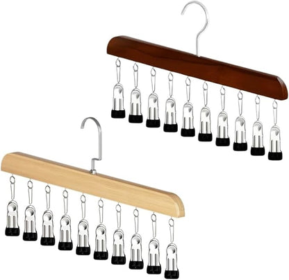 10-Clip Hanging Closet Organizer, Space Saving Pants Hanger with Adjustable Clips, Multi-Layer Garment Rack for Ties, Scarves, Belts, Clothes Storage(Wood+Vintage)