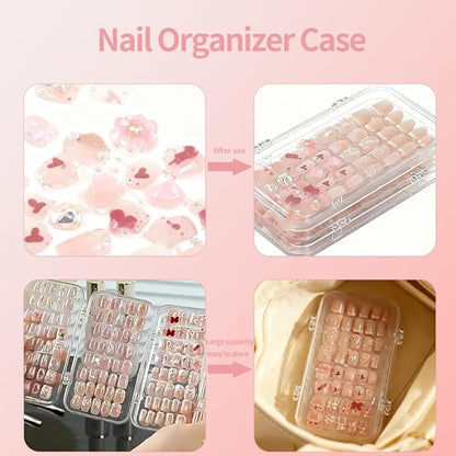 Tri-Fold Press On Nail Organizer Case, Press on Nail Storage Box Acrylic Nail Display Box Clear Nails Packaging Storage Case with Adhesive Strips for Fake Nail Home Travel Use