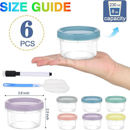 Yomarket 6pcs 8 oz Plastic Containers with Screw Lids, Reusable Clear Food Storage Containers with Pen and Brush for Snack Salad Fruit, Leakproof Small Freezer Containers, Microwave & Dishwasher Safe