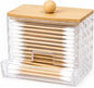 Diamond Pattern Cotton Swab Holder with Bamboo Lid - Clear Bathroom Vanity Organizer, Shatterproof U-Slot Swab Dispenser, Apothecary Jar for Cotton Swabs & Countertop Storage
