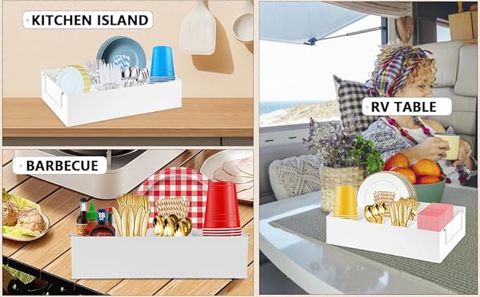 NelyBet Paper Plate Dispenser Holders Utensil Caddy for Countertop,Outdoor Silverware Caddy, Picnic and Camping Utensil Holder, Flatware Organize with Handle for Party Gatherings, Metal (White)