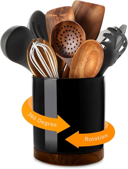 Nucookery 360°Rotating Utensil Holder, 7.2" Large Utensil Crock, White Ceramic Cooking Utensil Organizer,Farmhouse Kitchen Decor Christmas Thanksgiving Gift (Black)