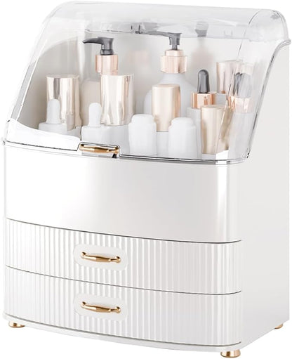 Makeup Organizer Countertop Vanity with Transparent Lid Drawers Waterproof Dustproof Cosmetic Skincare Bathroom Storage Gift for Women Teens Girls (Whtie)