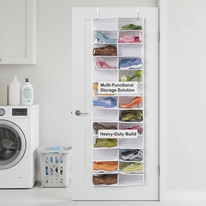 Over the Door Sweatshirt Organizer with 26 Clear Pockets Heavy Duty Hanging Storage for Hoodies Shoes Toys Towels Space Saving Door Organiser for Bedroom Closet